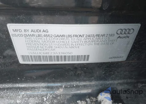 2003 Audi A4 1.8T z USA, uszkodzony, nr VIN WAUJC68E23A336050